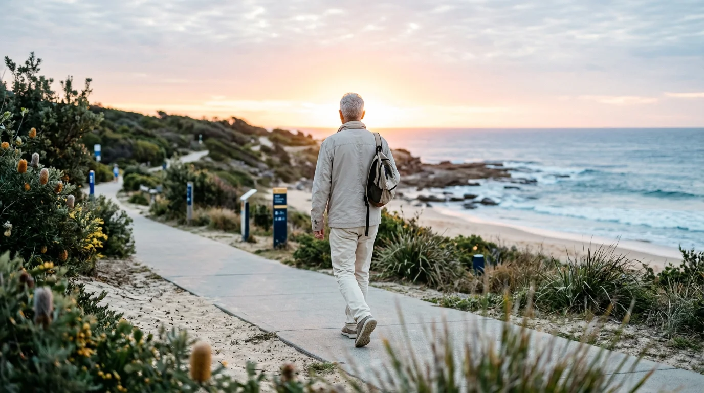 Anonymous senior man walking along an Australian coastal path as part of an active daily wellness routine